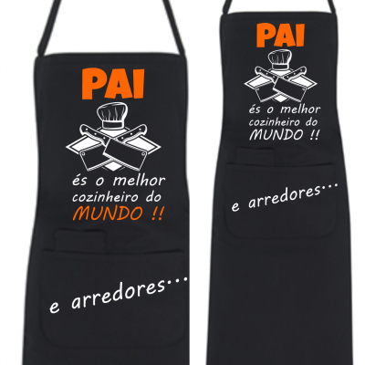 Avental preto de cozinha com texto e imagem impressos