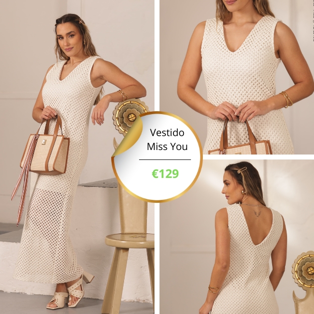 Vestido Midi Feminino Bege em Malha Perfurada sem Mangas Miss You Vestido de malha creme com padrão de malha larga e decote em V