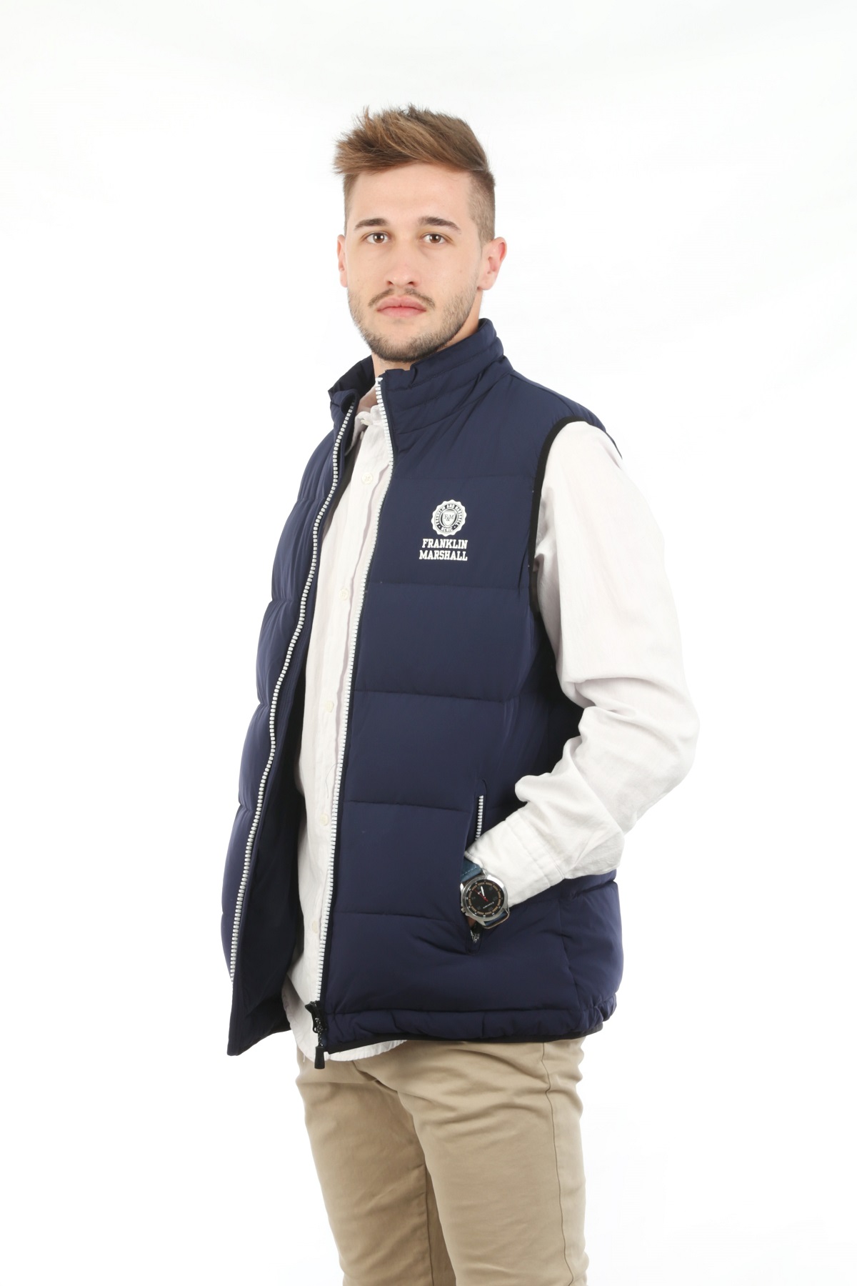 Colete azul marinho Franklin & Marshall Colete masculino azul escuro acolchoado com logotipo Franklin Marshall