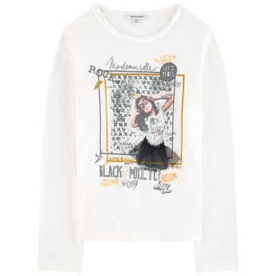 T-shirt branca manga comprida com estampa frontal colorida e texto variado