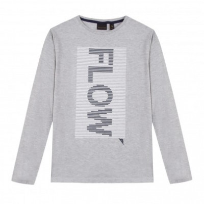 Camisola cinzenta de manga comprida com texto FLOW em padrão gráfico central