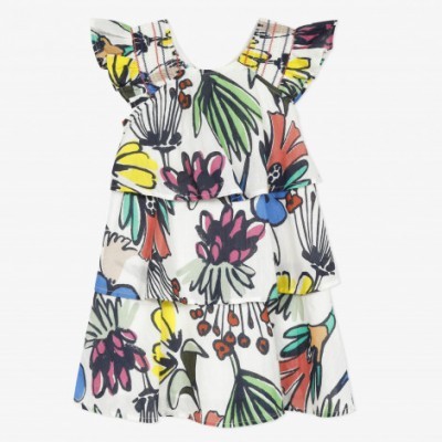 Vestido infantil branco com padrão floral colorido e folhos