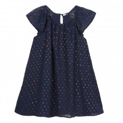 Vestido azul escuro com pontos coloridos e mangas curtas