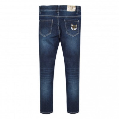 Calças de ganga azuis azuis escuras vistas de trás com bolso decorado.