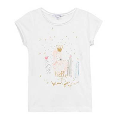 T-shirt branca para criança com estampado de cisne e coroa dourada