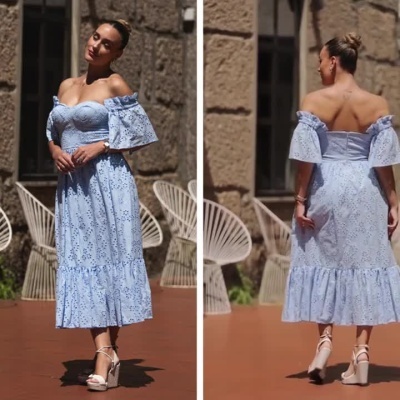 Vestido Midi Mulher Bordado Inglês Azul Miss You