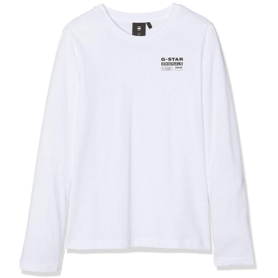 Camisola branca de manga comprida com texto G-STAR no peito.