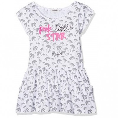 Vestido infantil branco com padrão de pássaros e texto colorido no peito