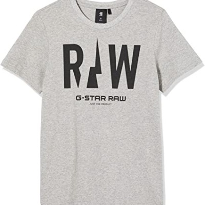 T-shirt cinzenta clara com texto preto à frente