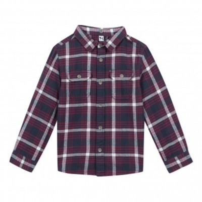 Camisa de criança xadrez vermelho e azul de manga comprida