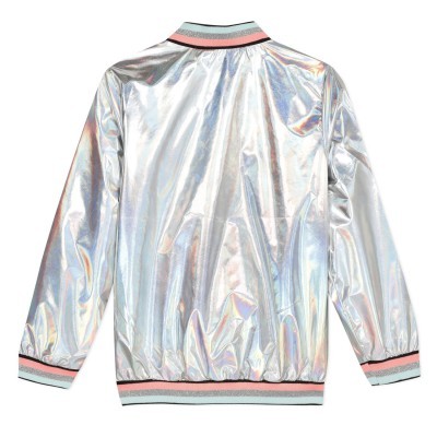 Casaco tipo bomber prateado com acabamento listrado rosa, branco e preto