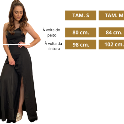Vestido longo preto com racha lateral e tabela de tamanhos para peito e cintura