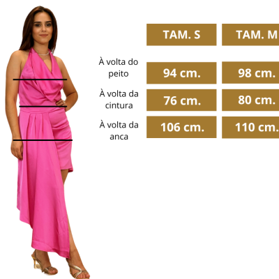 Mulher com vestido rosa e tabela de medidas do corpo para tamanhos S e M