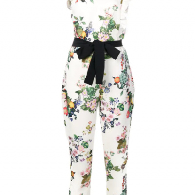 Macacão branco floral com cinto preto