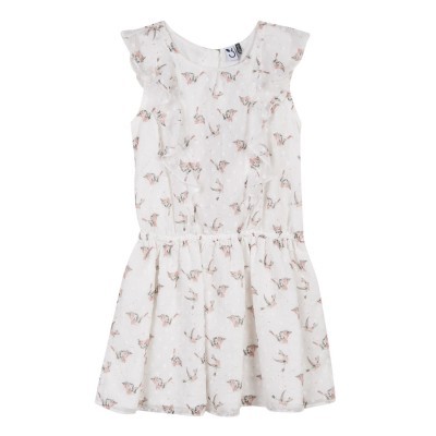 Vestido branco infantil com padrão floral e saia rodada