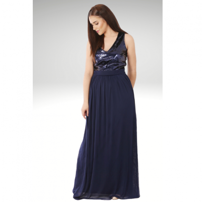 Vestido longo azul escuro com parte superior de lantejoulas