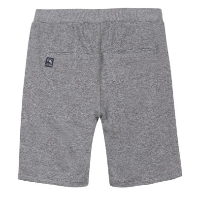 Calções cinzentos de tecido confortável com bolsos nas costas e etiqueta preta no bolso