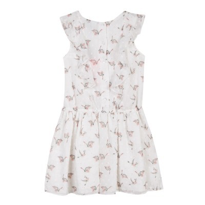 Vestido infantil branco com padrão floral cor-de-rosa e verde, sem mangas