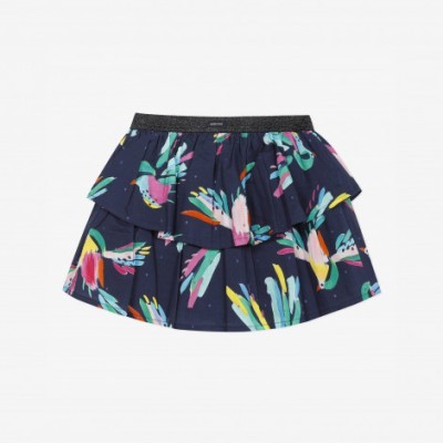 Saia infantil azul escura com padrão colorido de pássaros e folhos, cós preto elástico