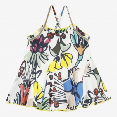 Vestido de alças finas com padrão floral colorido em fundo branco