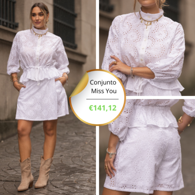 Conjunto branco feminino bordado floral com blusa e shorts em ambiente urbano