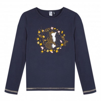 Camisola azul escura de manga comprida para criança com padrão frontal de gato e folhas coloridas