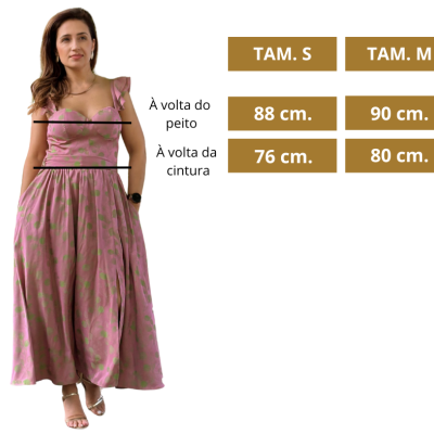Vestido rosa com padrão verde e tabela de tamanhos S e M