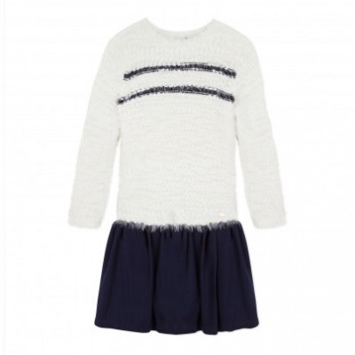 Vestido infantil branco e azul com malha texturada e saia azul escura