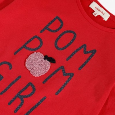 Camisola vermelha com texto e aplique felpudo de maçã