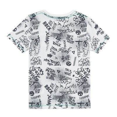 T-shirt branca com padrões de texto e símbolos pretos