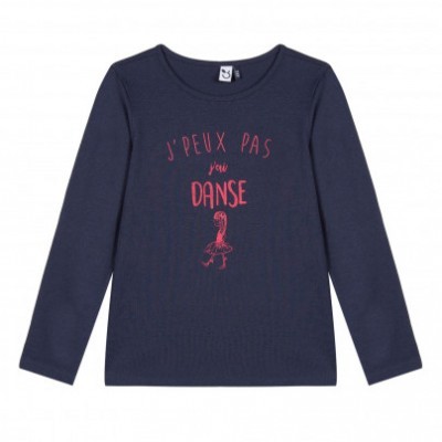 Camisola azul-escuro de manga comprida com estampa rosa da frase 'J'PEUX PAS J'AI DANSE' e figura de bailarina