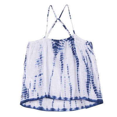 Top de alças finas com padrão tie-dye azul e branco