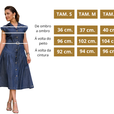 Vestido midi de ganga azul com botões e cinto branco mostrado com tabela de medidas.