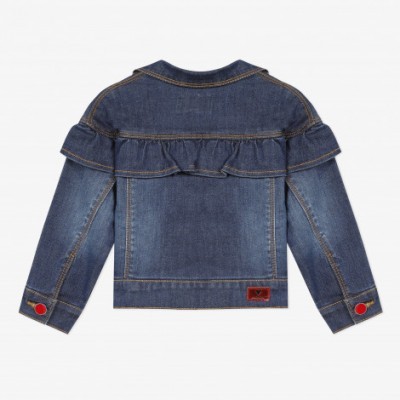 Casaco de ganga azul escuro com folhos e botões vermelhos