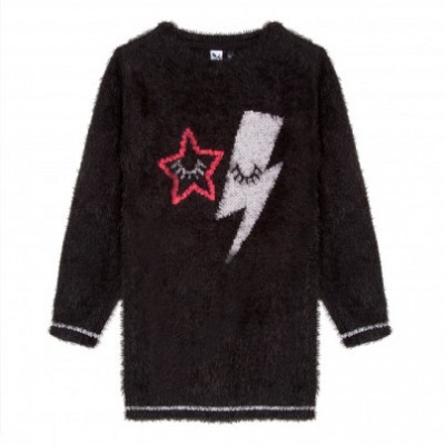 Vestido preto felpudo com estrelas e raio na frente