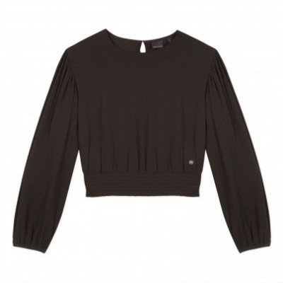 Blusa preta de manga comprida com cintura franzida