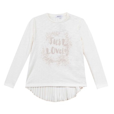 Camisola branca de manga comprida com texto JUST LOVELY e barra plissada