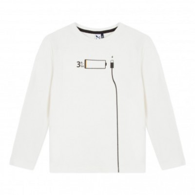 Camisola branca de manga comprida com estampa de bateria a carregar e texto '3%'