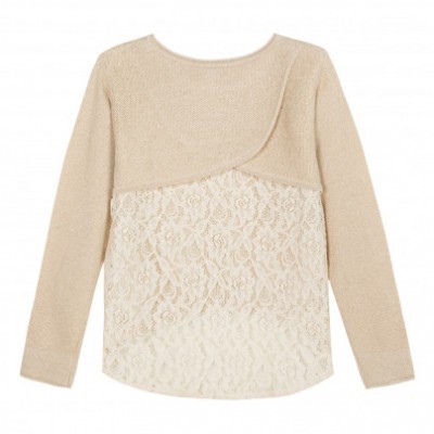 Camisola feminina manga comprida malha bege e renda branca