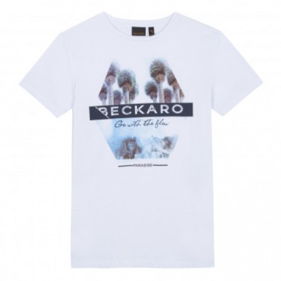 T-shirt branca com estampa de árvores e textos Beckaro, Go with the flow, Paradise