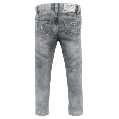 calças de ganga cinza com bolsos traseiros e etiqueta na cintura