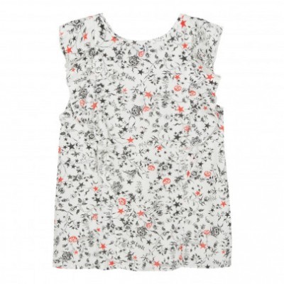 Camisola infantil branca com padrão de estrelas e flores pretas e vermelhas