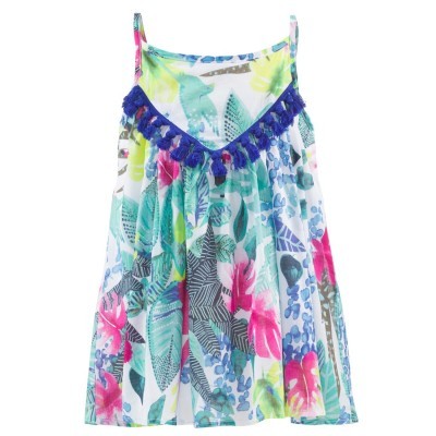 Vestido infantil floral colorido com franjas azuis e alças finas