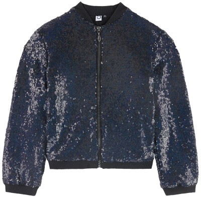 Casaco bomber azul escuro com lantejoulas e fecho frontal