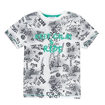 T-shirt branca com texto preto e verde, padrão grafite