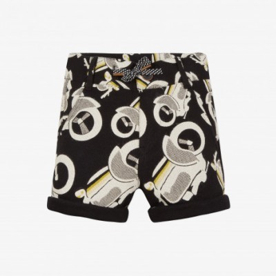 Calções para criança pretos com padrão abstrato cinzento, branco e amarelo