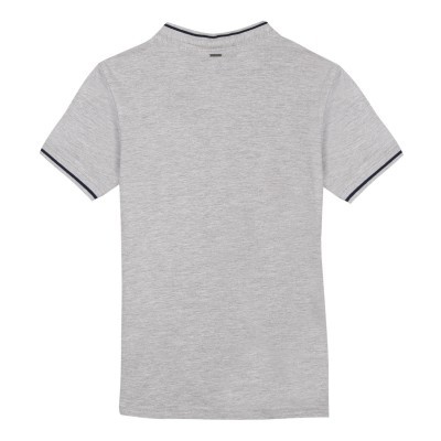 T-shirt cinzenta clara com gola e bainhas cinzentas escuras vista de trás