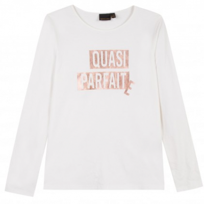 Camisola branca de manga comprida com texto rosa 'QUASI PARFAIT'
