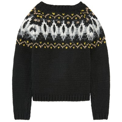 Camisola de malha preta com padrão branco, amarelo e castanho nos ombros