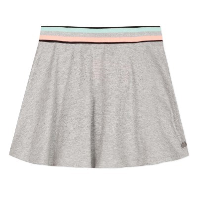 Saia cinza clara com cós elástico às riscas em rosa, azul claro e preto